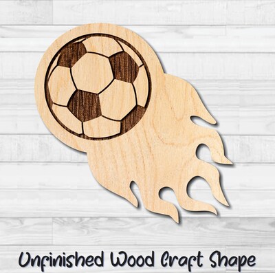 Flaming Soccer Ball Unfinished Wood Shape Blank Laser Engraved Cut Out Woodcraft Craft Supply SOC-001 - image1